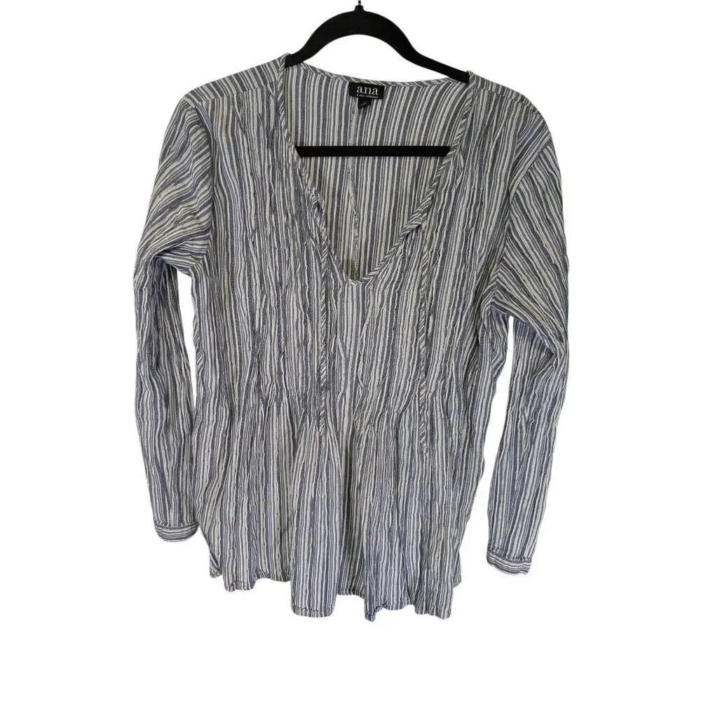 ANA Blouse Blue White Striped V-Neck Tie Neck Long Sleeves Cotton Women's L